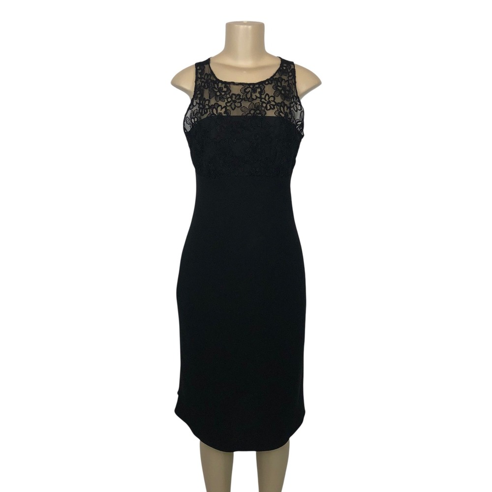 Jones New York Black Floral Lace Sleeveless Sheath Midi Dress 6 Formal Party 90s